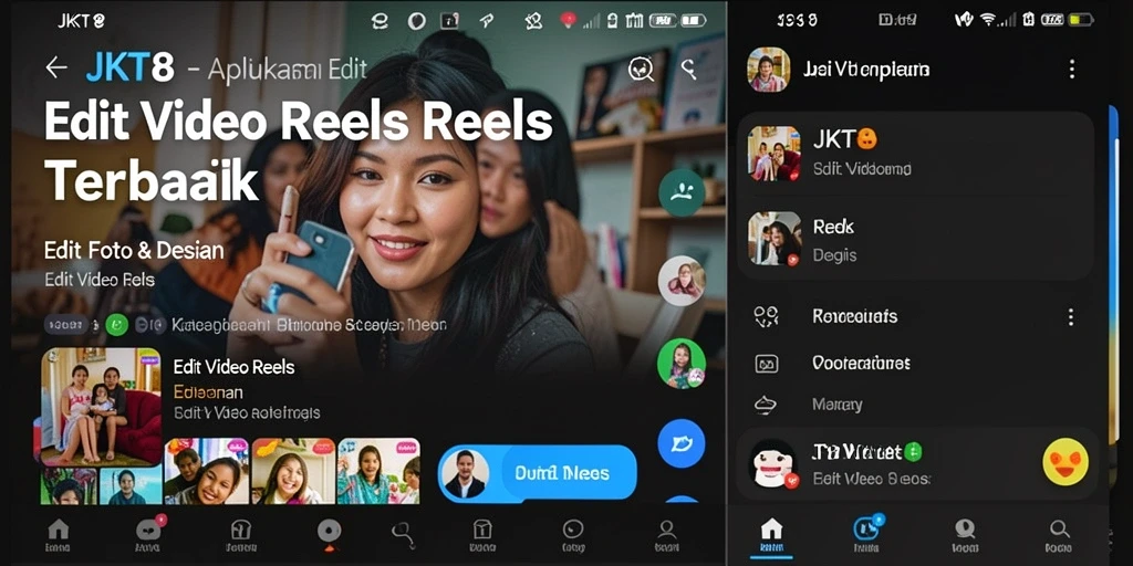 Tampilan antarmuka pengguna <strong>JKT8</strong> dengan fitur editing video reels yang mudah digunakan.